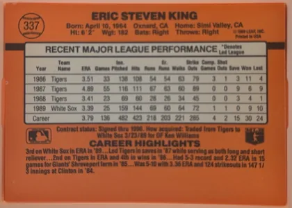 Back of 1990 Donruss Baseball Eric King #337, orange baseball-card back presented upright. The player name Eric Steven King is centered across the top in bold black type. Card number 337 appears…