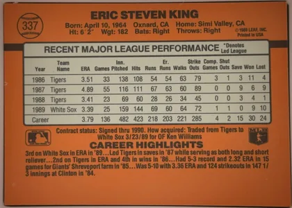 Back of 1990 Donruss Baseball Eric Steven King #337, upright landscape-oriented baseball card back. The card uses an orange field with thick black border and divider lines. At upper left is a…