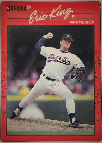 Front of 1990 Donruss Baseball Eric Steven King #337, portrait-oriented baseball card front. A black-and-red DONRUSS 90 logo appears at the upper left. The player name "Eric King" is printed prominently…