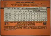 Back of 1990 Donruss Baseball Eric Steven King #337, upright landscape-oriented baseball card back. An orange field surrounds a large light gray statistics box with dark outlines. The upper-left…