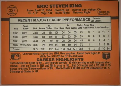 Back of 1990 Donruss Baseball Eric Steven King #337, upright landscape-oriented baseball card back. An orange field surrounds a large light gray statistics box with dark outlines. The upper-left…