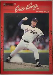 Front of 1990 Donruss Baseball Eric Steven King #337, portrait-oriented baseball card front. The upper section has a red background with the black Donruss logo and white "90" at upper left. "Eric King"…