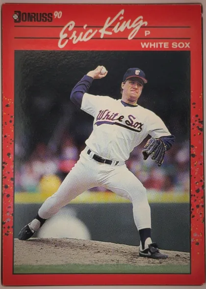 Front of 1990 Donruss Baseball Eric Steven King #337, portrait-oriented baseball card front. The upper section has a red background with the black Donruss logo and white "90" at upper left. "Eric King"…