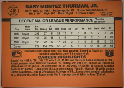 Back of 1990 Donruss Baseball Gary Thurman #416, upright landscape-format card back. An orange-brown background surrounds a large cream statistics panel. The upper-left contains a baseball-shaped…