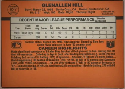 Back of 1990 Donruss Baseball Glenallen Hill #627, landscape-format orange baseball card back. The upper-left contains a baseball graphic with the number 627. Glenallen Hill is printed prominently…