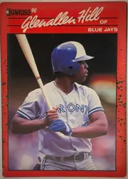 Front of 1990 Donruss Baseball Glenallen Hill #627, portrait-oriented baseball card front. A black DONRUSS 90 logo appears at the upper left. The player's name, Glenallen Hill, is displayed…