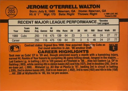Back of 1990 Donruss Baseball Jerome O'Terrell Walton #285, upright landscape-oriented baseball card back. An orange field surrounds a cream rectangular statistics panel bordered in black. The upper-left…
