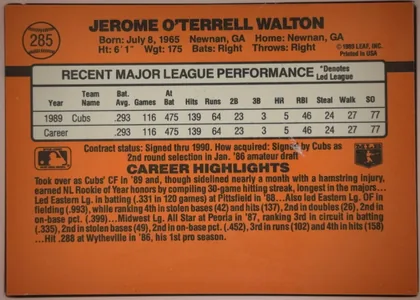 Back of 1990 Donruss Baseball Jerome O'Terrell Walton #285, landscape-oriented orange baseball card back. The upper area has a large black player name, a baseball-shaped number emblem at upper left…