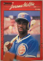 Front of 1990 Donruss Baseball Jerome O'Terrell Walton #285, portrait baseball card front. A red border surrounds a large color photograph of a Chicago Cubs player holding a bat. The Donruss 90 logo is at the…