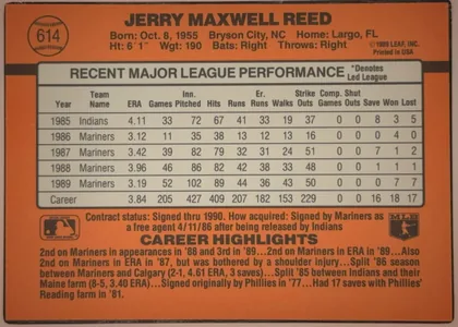 Back of 1990 Donruss Baseball Jerry Reed #614, landscape-oriented baseball card back. An orange field surrounds a large light-gray statistics table in the upper and middle portion. The player…