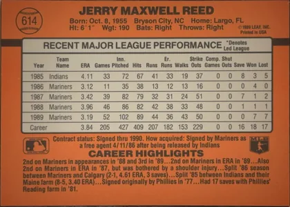 Back of 1990 Donruss Baseball Jerry Reed #614 Base, landscape-oriented baseball card back dominated by an orange field. The player name is printed in large black uppercase type across the top, with…