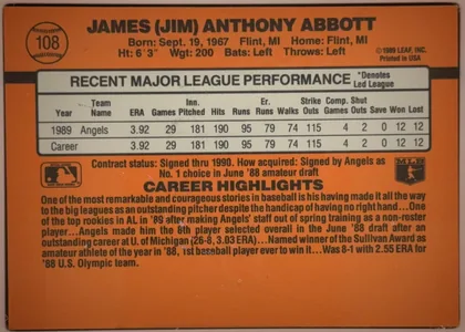 Back of 1990 Donruss Baseball Jim Abbott #108 Base, landscape-oriented baseball card back dominated by an orange field. The upper section prints the player's full name, biographical information, and…
