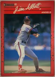Front of 1990 Donruss Baseball Jim Abbott #108 Base, portrait baseball card front. The upper red header contains the Donruss logo and "90" at left, a large cream script name "Jim Abbott" across the top…