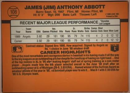 Back of 1990 Donruss Baseball Jim Abbott #108 Base, back of a baseball card oriented upright in landscape format. An orange field is bordered by dark lines, with the card number 108 inside a baseball…