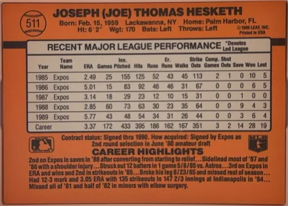 Back of 1990 Donruss Baseball Joe Hesketh #511, landscape-oriented orange baseball card back. A baseball graphic at upper left contains the number 511. The bold player name spans the upper area…