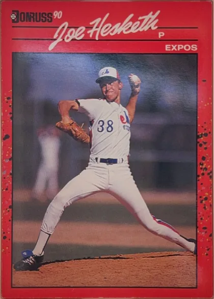 Front of 1990 Donruss Baseball Joe Hesketh #511, upright portrait baseball card. The upper section has the Donruss '90 logo at left, a large white script player name across the top, position P at…