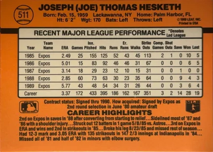 Back of 1990 Donruss Baseball Joe Hesketh #511, orange baseball-card back. The upper section has a baseball-shaped number emblem at left, the player name in large black type across the top…