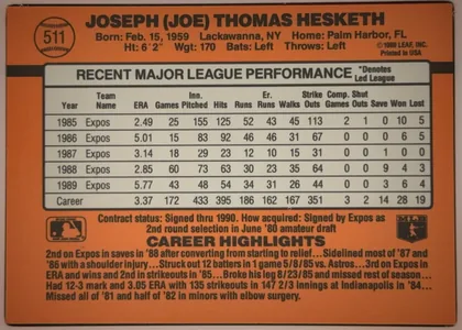 Back of 1990 Donruss Baseball Joe Hesketh #511, upright landscape-oriented baseball card back. The card uses an orange field with black typography and black divider bands. A baseball-shaped number…