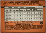 Back of 1990 Donruss Baseball Joe Hesketh #511, upright landscape-oriented baseball card back dominated by an orange field. The player name is printed prominently across the top, with a circular…