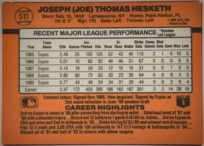 Back of 1990 Donruss Baseball Joe Hesketh #511, upright landscape-oriented baseball card back dominated by an orange field. The player name is printed prominently across the top, with a circular…