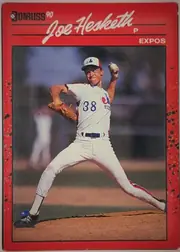 Front of 1990 Donruss Baseball Joe Hesketh #511, portrait baseball card front. The upper red header carries the Donruss 90 logo at left, the large white script name "Joe Hesketh" across the top…