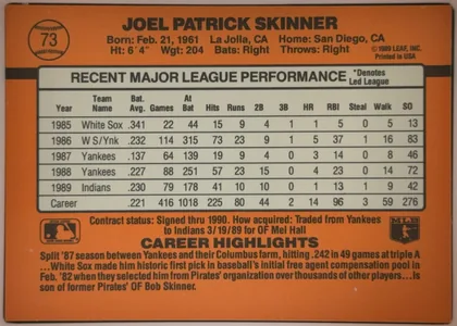 Back of 1990 Donruss Baseball Joel Skinner #73 Base, landscape-oriented baseball card back dominated by an orange field. The top section prints the player name in large black capitals, with a baseball…