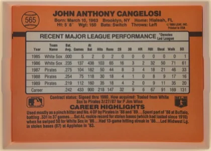Back of 1990 Donruss Baseball John Cangelosi #565, landscape-oriented orange baseball card back. A circular baseball graphic containing card number 565 appears at the upper left. The player name JOHN…