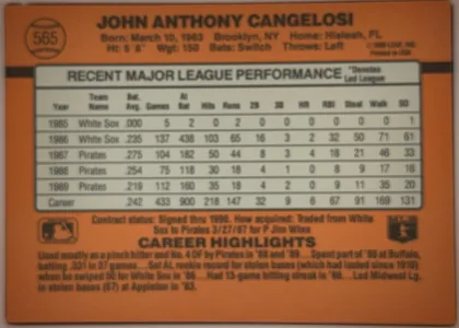 Back of 1990 Donruss Baseball John Cangelosi #565, orange-brown baseball card back. The upper area presents the bold player name John Anthony Cangelosi, biographical details, card number 565 in a…