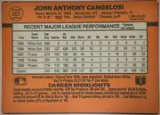 Back of 1990 Donruss Baseball John Cangelosi #565 Base, landscape-oriented baseball card back. An orange-brown field surrounds a large light gray statistics table in the upper and middle area. The card…