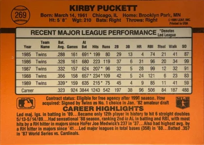 Back of 1990 Donruss Baseball Kirby Puckett #269, upright horizontal-format baseball card back. The orange field has a bold black header band and a large cream, black-outlined statistics table…