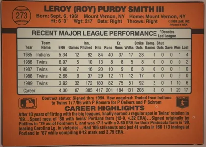 Back of 1990 Donruss Baseball Leroy (Roy) Purdy Smith III #273, landscape-oriented baseball card back. An orange background surrounds a large centered white statistics table with black borders and typography. The…