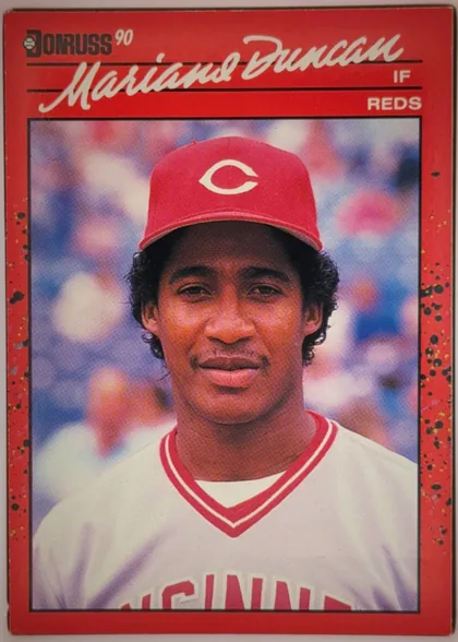 Front of 1990 Donruss Baseball Mariano Duncan #684, upright portrait-format baseball card front. A red header carries the black Donruss logo and "90" at upper left. The player name "Mariano Duncan"…
