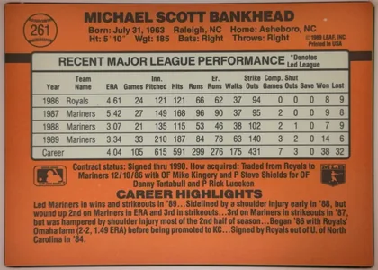 Back of 1990 Donruss Baseball Michael Scott Bankhead #261, upright landscape-oriented baseball card back dominated by an orange background. The upper area shows the card number inside a baseball graphic at…