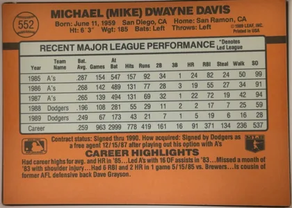 Back of 1990 Donruss Baseball Mike Davis #552, upright landscape-oriented baseball card back dominated by an orange field. The upper area has the player name in large black type, with card number…
