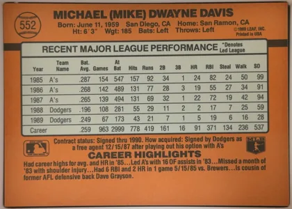 Back of 1990 Donruss Baseball Mike Davis #552 Base, landscape-oriented baseball card back dominated by an orange background. The player's name is printed in large dark block letters across the top…