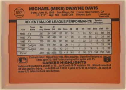 Back of 1990 Donruss Baseball Mike Davis #552, landscape-oriented orange card back. A baseball-shaped circle containing card number 552 is at the upper left. The player's name is printed…