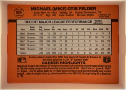 Back of 1990 Donruss Baseball Mike Felder #609, landscape-oriented baseball card back with a predominantly orange-red background. The player's name is printed prominently across the upper area…