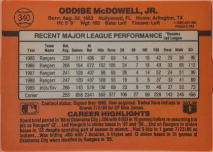 Back of 1990 Donruss Baseball ODDIBE McDOWELL, JR. #340, landscape-oriented orange baseball card back. The upper section shows a baseball graphic containing card number 340 at upper left, the player name…