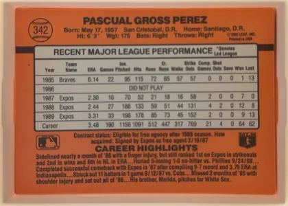 Back of 1990 Donruss Baseball Pascual Perez #342, landscape-oriented orange baseball card back. The upper area prominently names Pascual Gross Perez and lists biographical details. A large white…