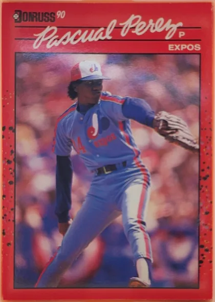 Front of 1990 Donruss Baseball Pascual Perez #342, portrait baseball card front. A red header carries the Donruss logo and "90" at upper left. The player's large white script name, "Pascual Perez,"…