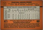 Back of 1990 Donruss Baseball Pascual Perez #342 Base, upright landscape-format baseball card back. An orange field surrounds a large cream statistics panel with a dark outline. The player number 342…