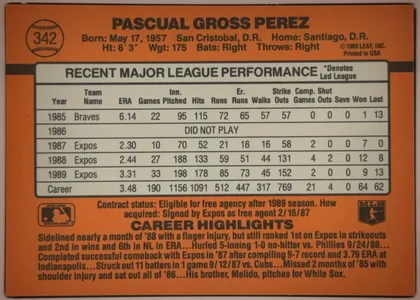 Back of 1990 Donruss Baseball Pascual Perez #342 Base, upright landscape-format baseball card back. An orange field surrounds a large cream statistics panel with a dark outline. The player number 342…