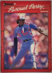 Front of 1990 Donruss Baseball Pascual Perez #342 Base, portrait-oriented baseball player card. The upper red header contains the Donruss logo and '90', with the player's name 'Pascual Perez' in large…