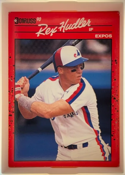 Front of 1990 Donruss Baseball Rex Hudler #366, portrait-format baseball card front. A red header carries the Donruss 90 logo at upper left, the large script name "Rex Hudler" across the top…