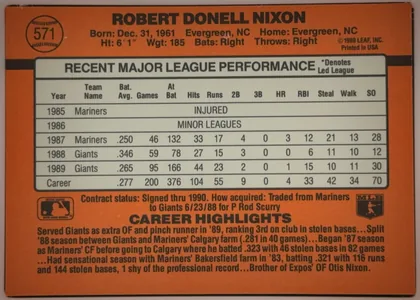 Back of 1990 Donruss Baseball ROBERT DONELL NIXON #571, landscape-oriented orange baseball card back. The top area prominently prints ROBERT DONELL NIXON, with a baseball-shaped number emblem containing…