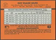 Back of 1990 Donruss Baseball Ron Karkovice #307 Base, upright landscape-oriented baseball card back. An orange field surrounds a large light-gray/white statistics table. The top header prominently reads…