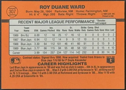 Back of 1990 Donruss Baseball Ron Karkovice #307 Base, upright landscape-oriented baseball card back. An orange field surrounds a large light-gray/white statistics table. The top header prominently reads…