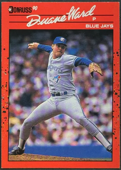 Front of 1990 Donruss Baseball Ron Karkovice #307 Base, portrait baseball card front. A red border surrounds a color action photograph of a Toronto Blue Jays pitcher in a throwing pose. The Donruss '90…