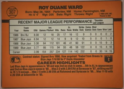 Back of 1990 Donruss Baseball ROY DUANE WARD #307, orange baseball-card back. The upper area prominently names Roy Duane Ward, with card number 307 inside a baseball graphic at upper left and…