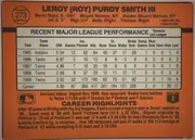 Back of 1990 Donruss Baseball Roy Smith #273 Base, upright landscape-format orange baseball card back. A baseball graphic containing card number 273 appears at upper left. The player name is printed…